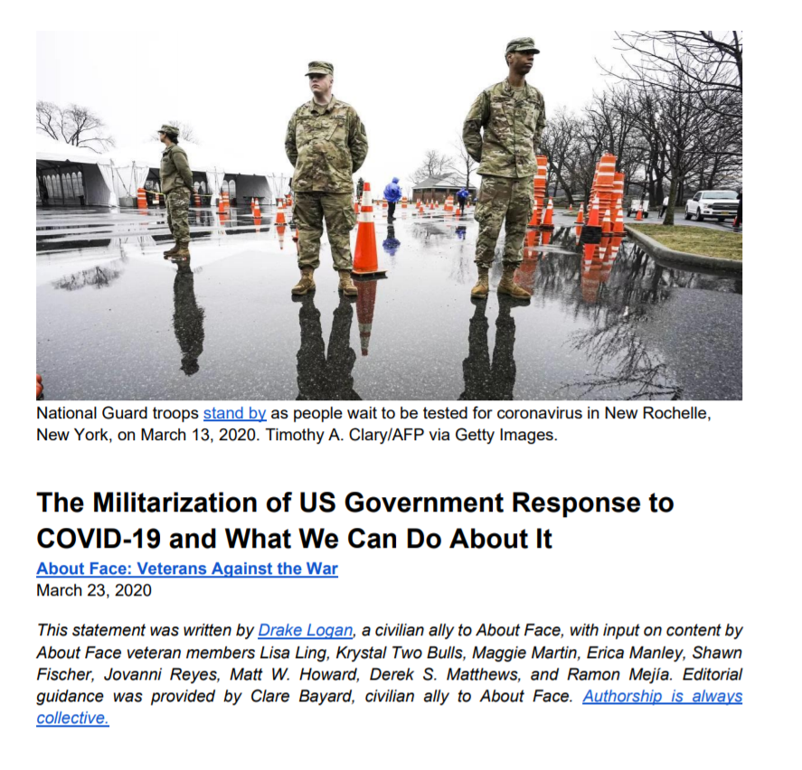 The Militarization of US Government Response to COVID19 and What We