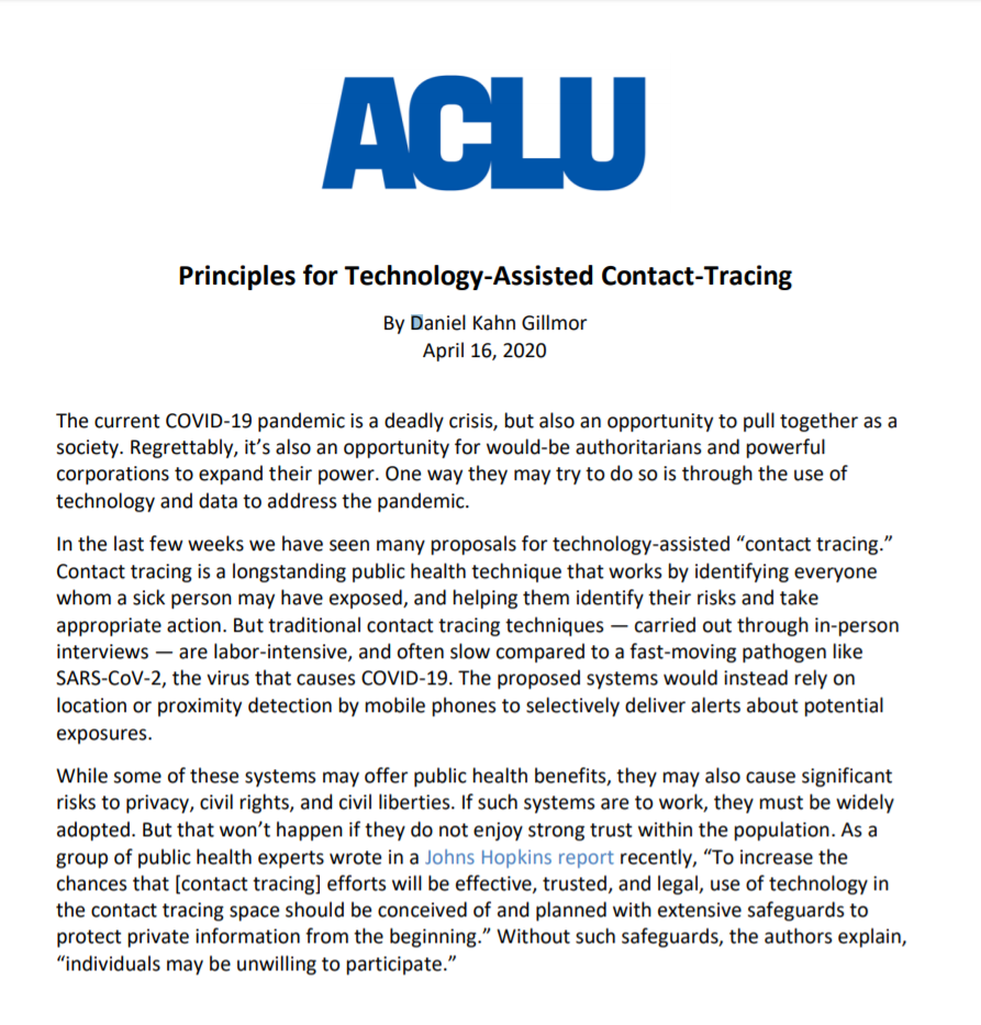 Aclu - Principles For Technology-assisted Contact-tracing - The Hub